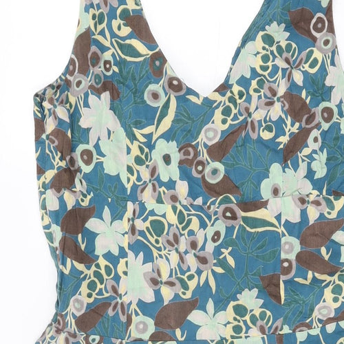 Great Plains Womens Blue Floral Cotton A-Line Size L V-Neck Zip