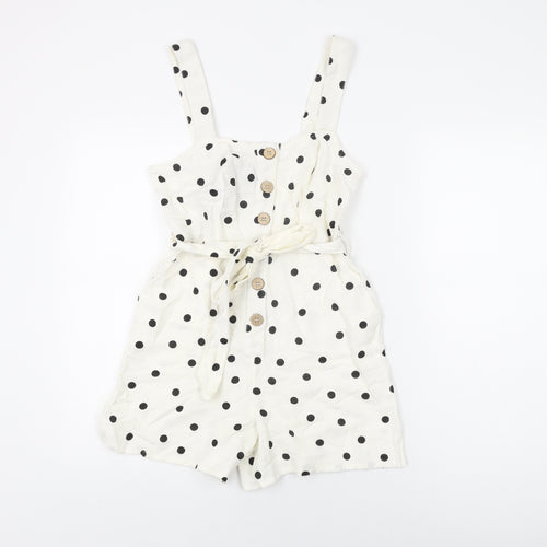 New Look Womens White Polka Dot Cotton Playsuit One-Piece Size 6 L3 in Button