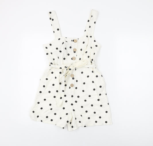 New Look Womens White Polka Dot Cotton Playsuit One-Piece Size 6 L3 in Button