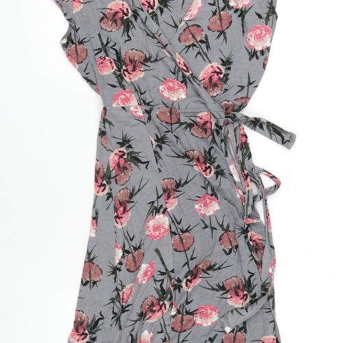 RJR.John Rocha Womens Grey Floral Viscose Wrap Dress Size 12 V-Neck Tie