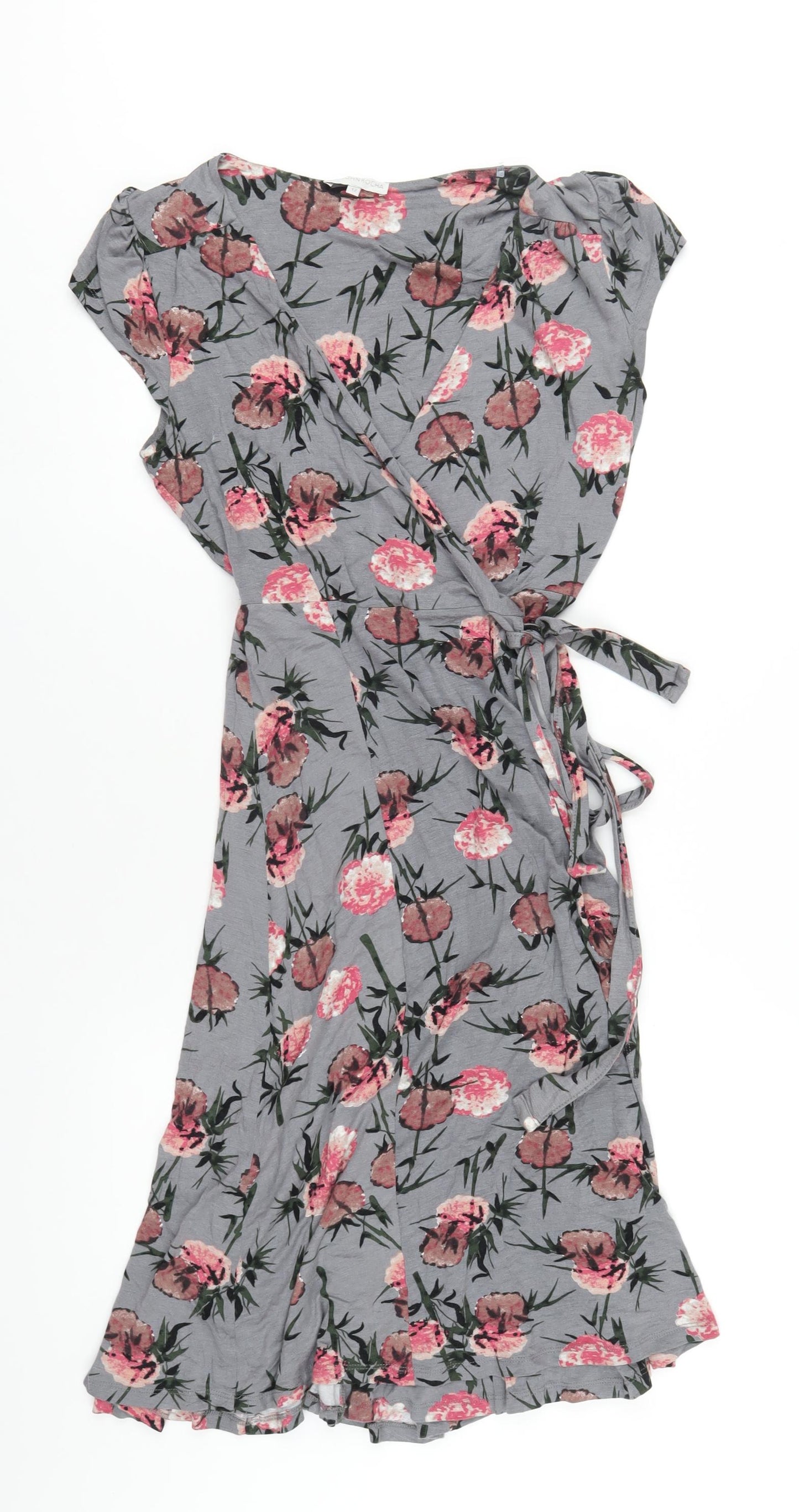 RJR.John Rocha Womens Grey Floral Viscose Wrap Dress Size 12 V-Neck Tie