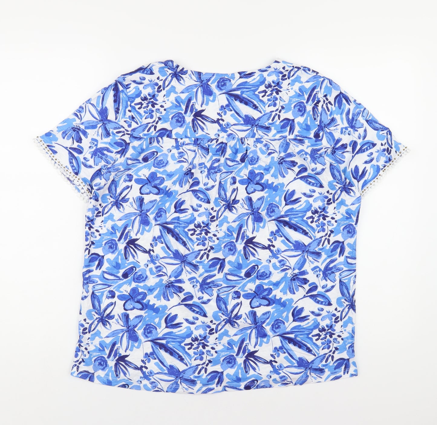 EWM Womens Blue Floral Cotton Basic T-Shirt Size 14 V-Neck