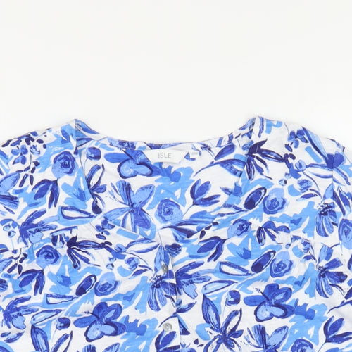 EWM Womens Blue Floral Cotton Basic T-Shirt Size 14 V-Neck