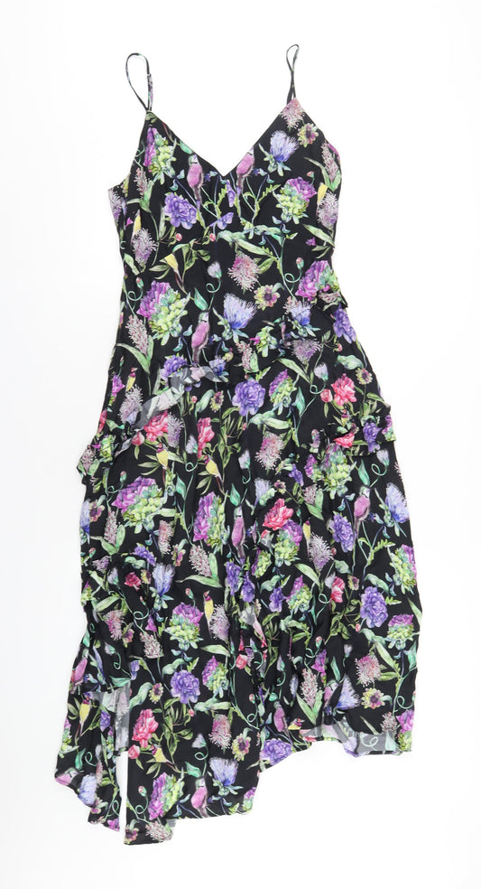 H&M Womens Black Floral Viscose A-Line Size 8 V-Neck Zip