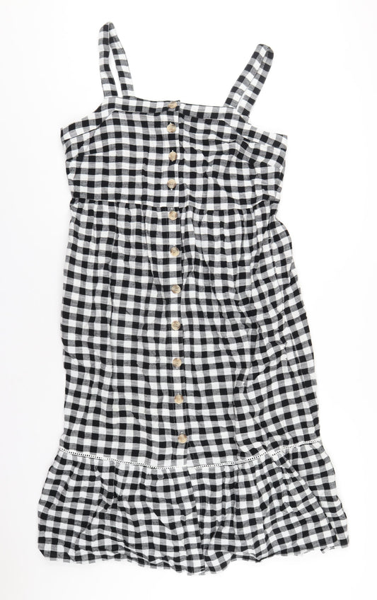 Marks and Spencer Womens Black Check Cotton A-Line Size 16 Square Neck Button