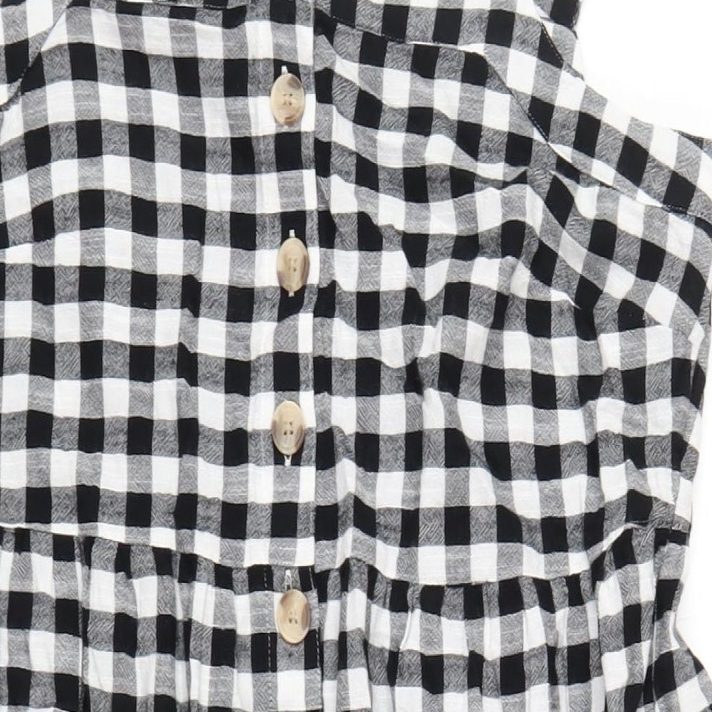 Marks and Spencer Womens Black Check Cotton A-Line Size 16 Square Neck Button