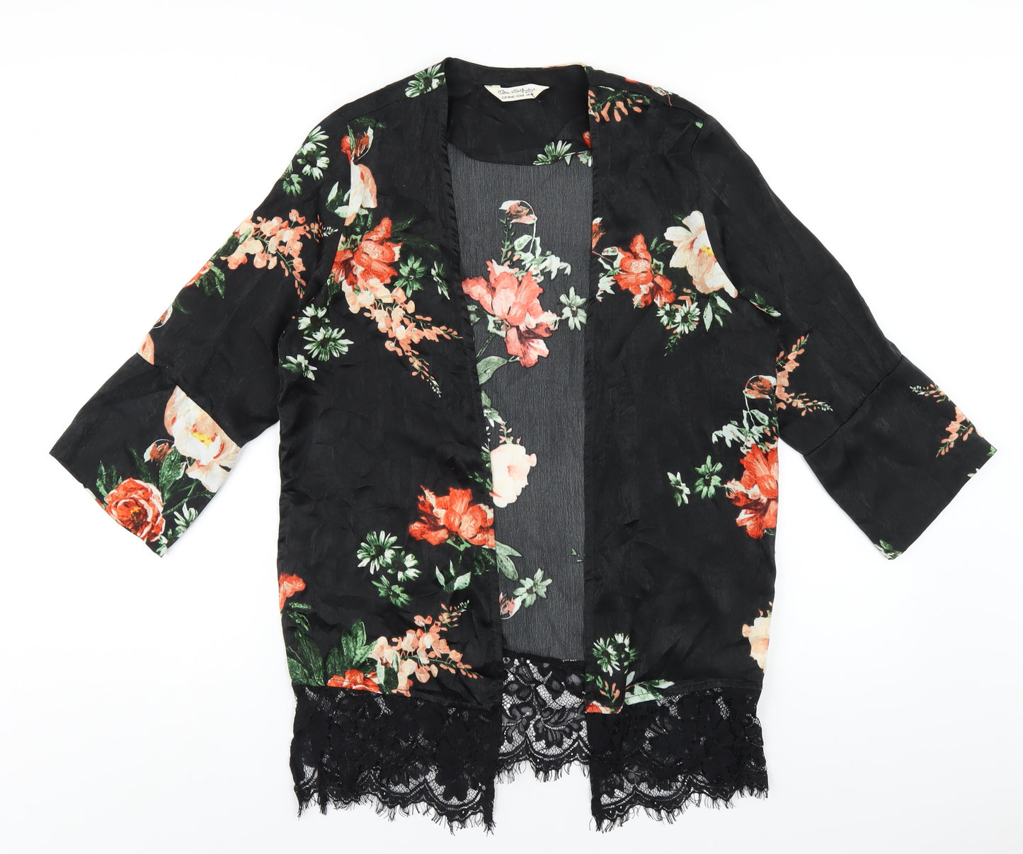 Miss Selfridge Womens Black Floral Polyester Kimono Blouse Size M V-Neck - Lace Trim