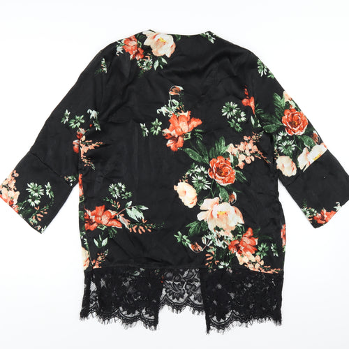 Miss Selfridge Womens Black Floral Polyester Kimono Blouse Size M V-Neck - Lace Trim