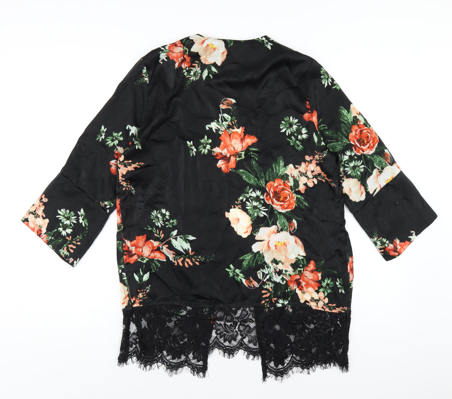 Miss Selfridge Womens Black Floral Polyester Kimono Blouse Size M V-Neck - Lace Trim