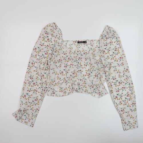 Boohoo Womens White Floral Polyester Basic Blouse Size 14 Sweetheart