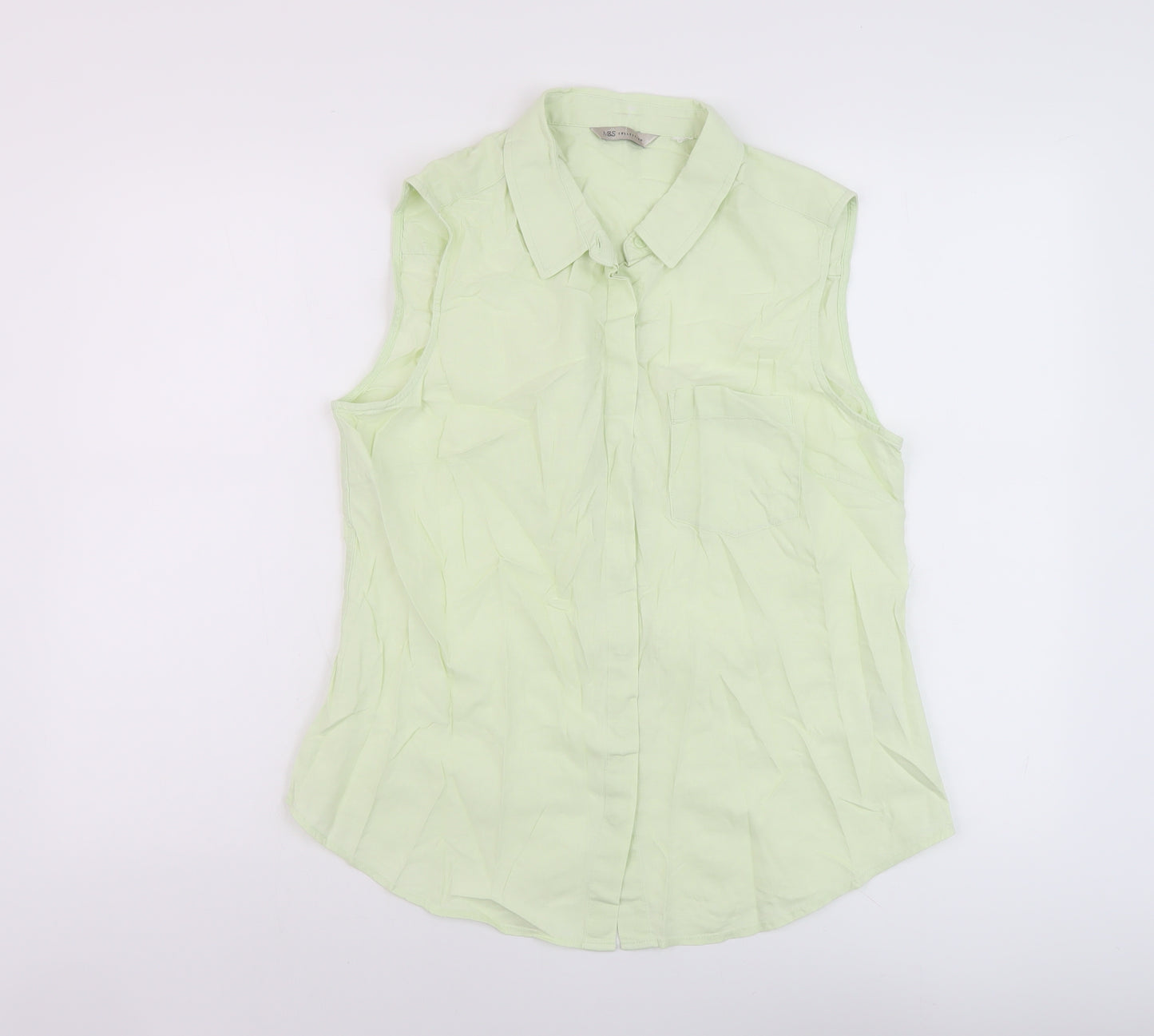 Marks and Spencer Womens Green Linen Basic Blouse Size 14 Collared