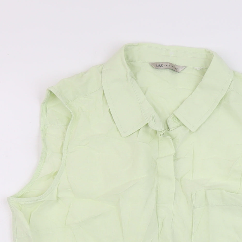 Marks and Spencer Womens Green Linen Basic Blouse Size 14 Collared