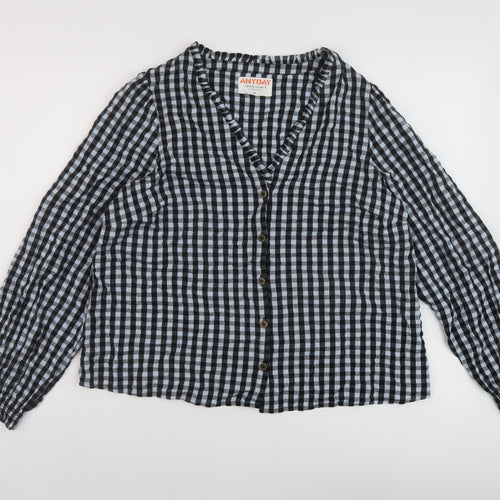 John Lewis Womens Blue Check Cotton Basic Blouse Size 12 V-Neck