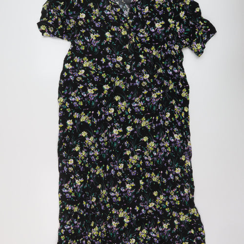 Marks and Spencer Womens Black Floral Viscose A-Line Size 16 V-Neck Button