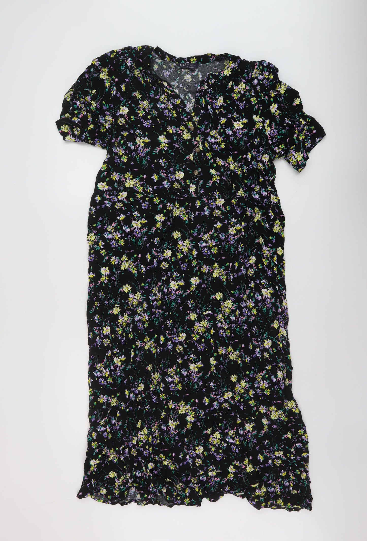 Marks and Spencer Womens Black Floral Viscose A-Line Size 16 V-Neck Button