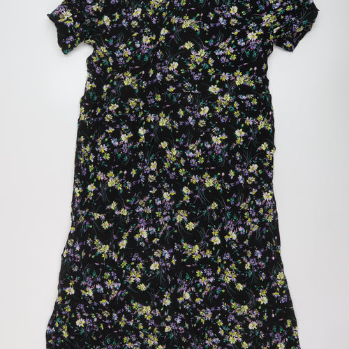 Marks and Spencer Womens Black Floral Viscose A-Line Size 16 V-Neck Button