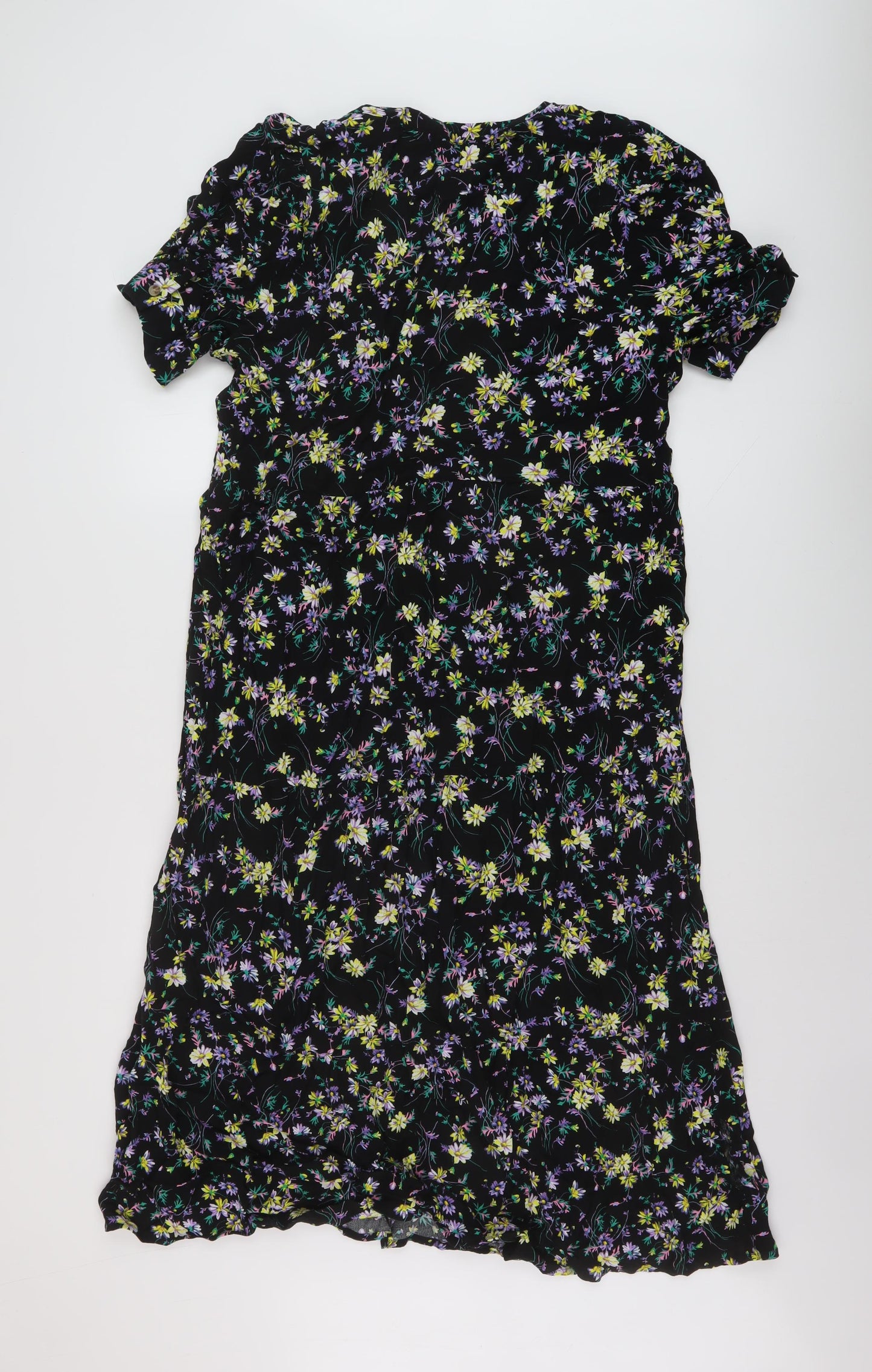 Marks and Spencer Womens Black Floral Viscose A-Line Size 16 V-Neck Button