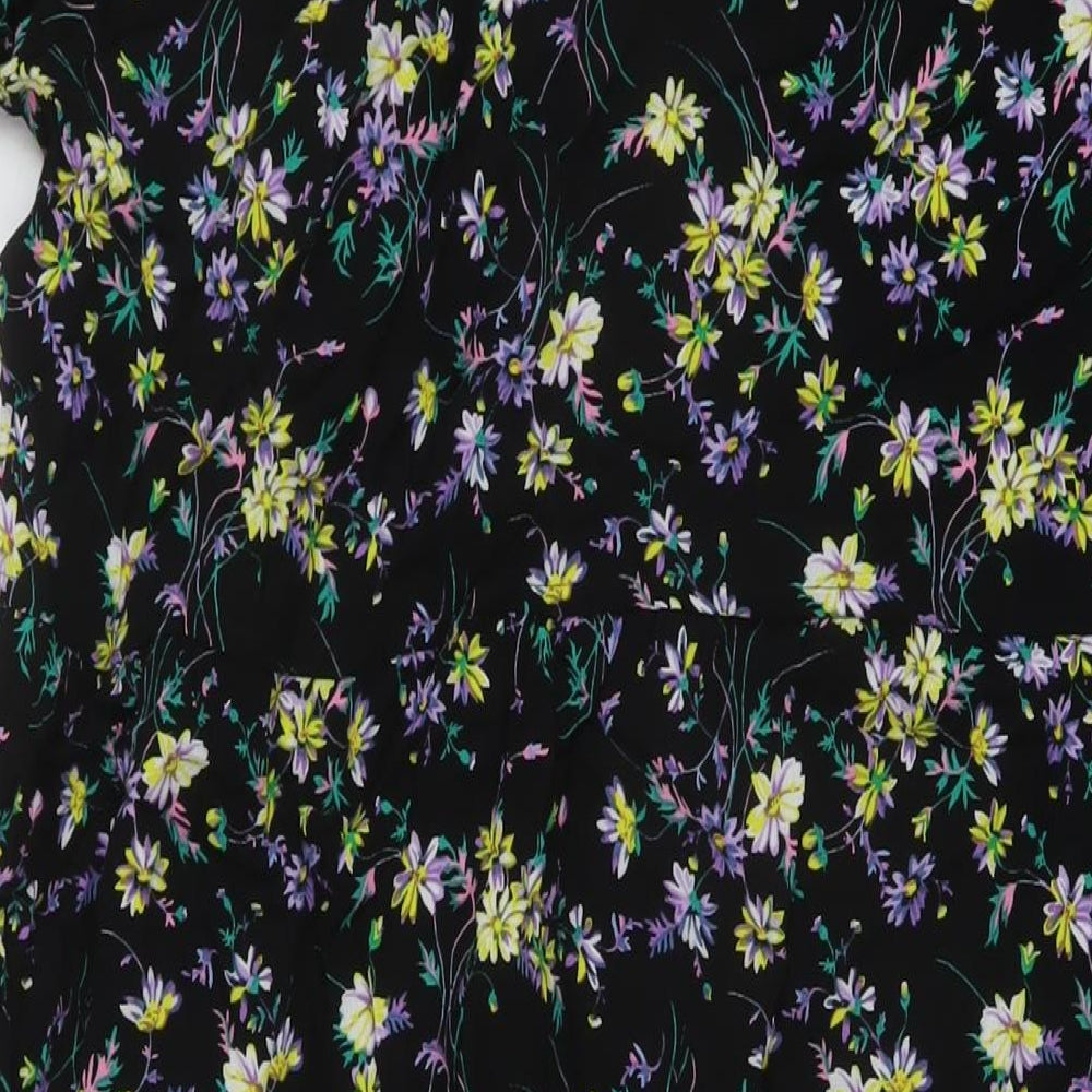 Marks and Spencer Womens Black Floral Viscose A-Line Size 16 V-Neck Button