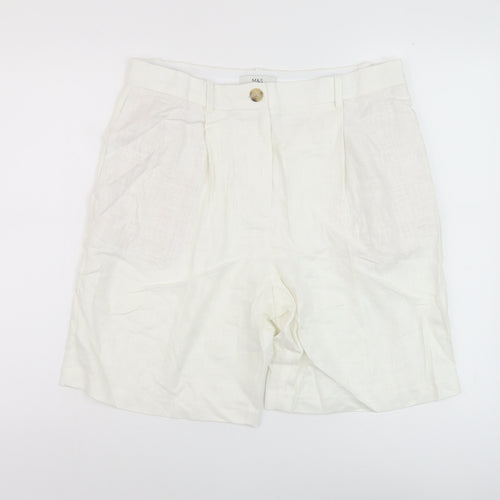 Marks and Spencer Womens White Linen Chino Shorts Size 14 L8 in Regular Button