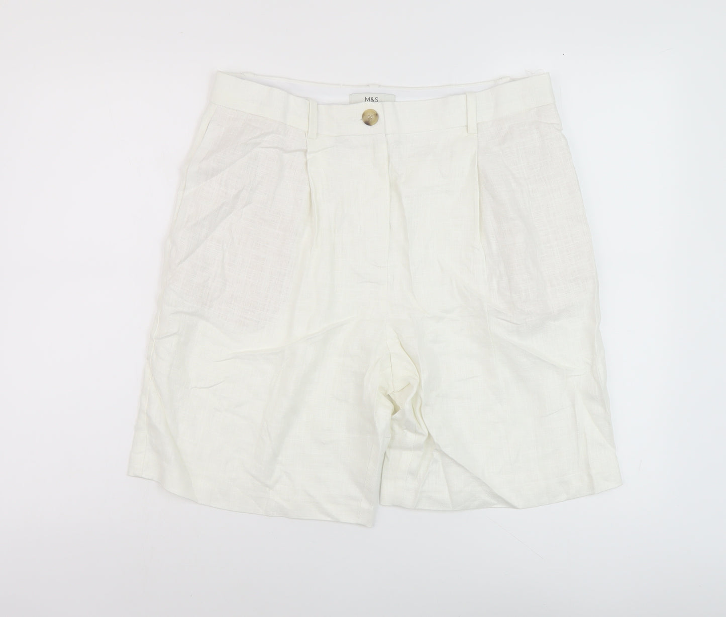 Marks and Spencer Womens White Linen Chino Shorts Size 14 L8 in Regular Button