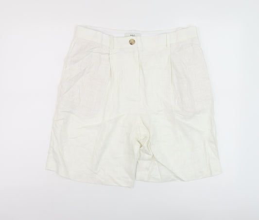 Marks and Spencer Womens White Linen Chino Shorts Size 14 L8 in Regular Button