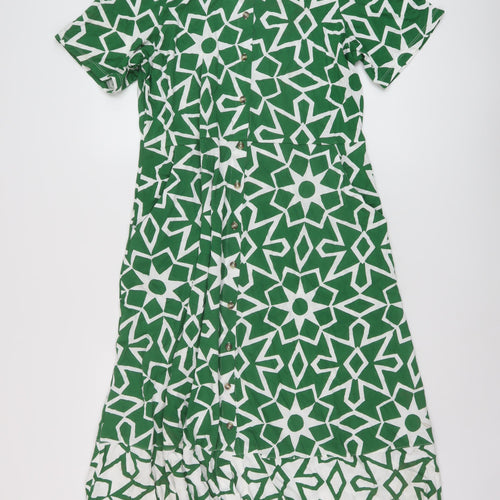 White Stuff Womens Green Geometric Cotton A-Line Size 14 Collared Button