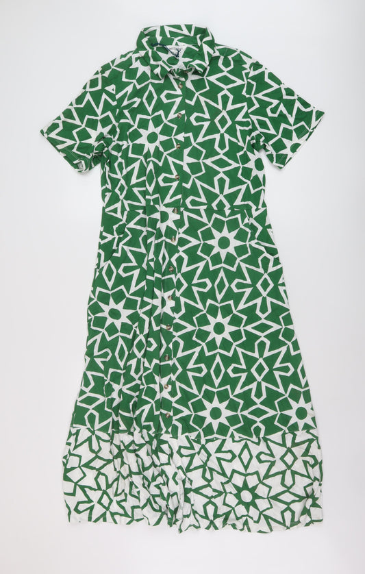 White Stuff Womens Green Geometric Cotton A-Line Size 14 Collared Button