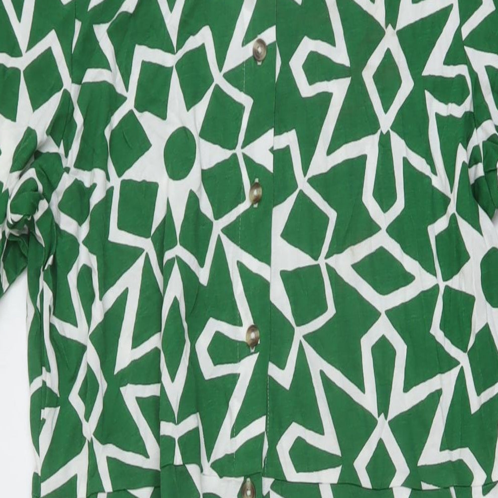 White Stuff Womens Green Geometric Cotton A-Line Size 14 Collared Button