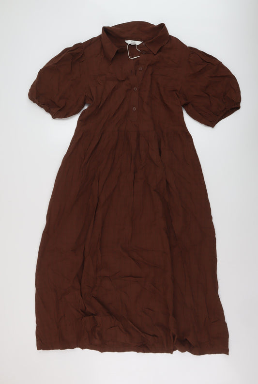 Marks and Spencer Womens Brown Modal A-Line Size 14 Collared Button