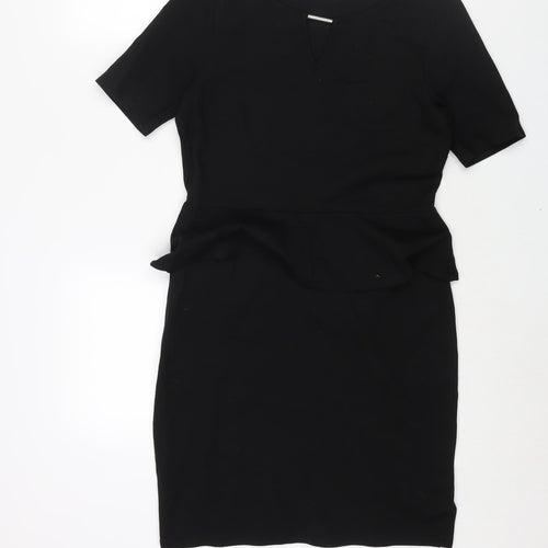 Marks and Spencer Womens Black Viscose Shift Size 12 Boat Neck Pullover - Keyhole Neck Peplum Frill