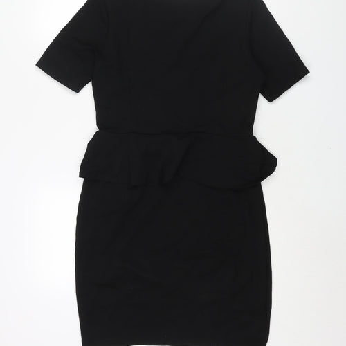 Marks and Spencer Womens Black Viscose Shift Size 12 Boat Neck Pullover - Keyhole Neck Peplum Frill