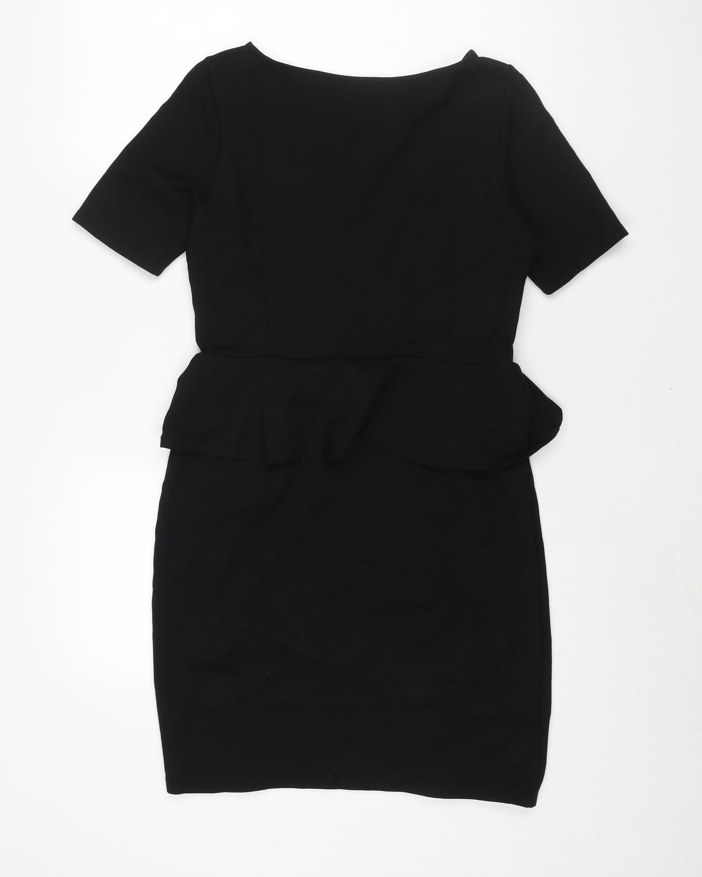 Marks and Spencer Womens Black Viscose Shift Size 12 Boat Neck Pullover - Keyhole Neck Peplum Frill