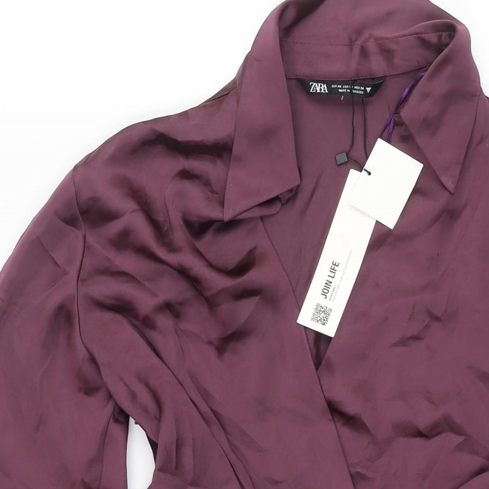 Zara Womens Purple Polyester Shirt Dress Size XS Collared Zip - Wrap