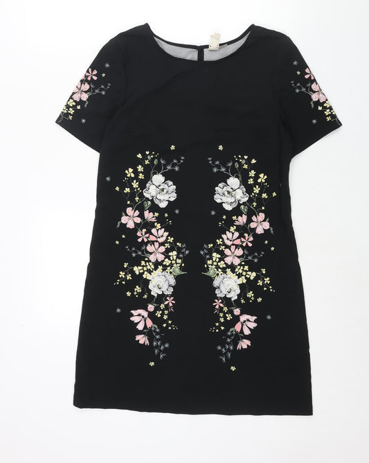 Divided by H&M Womens Black Polyester Shift Size 8 Round Neck Button - Floral Print