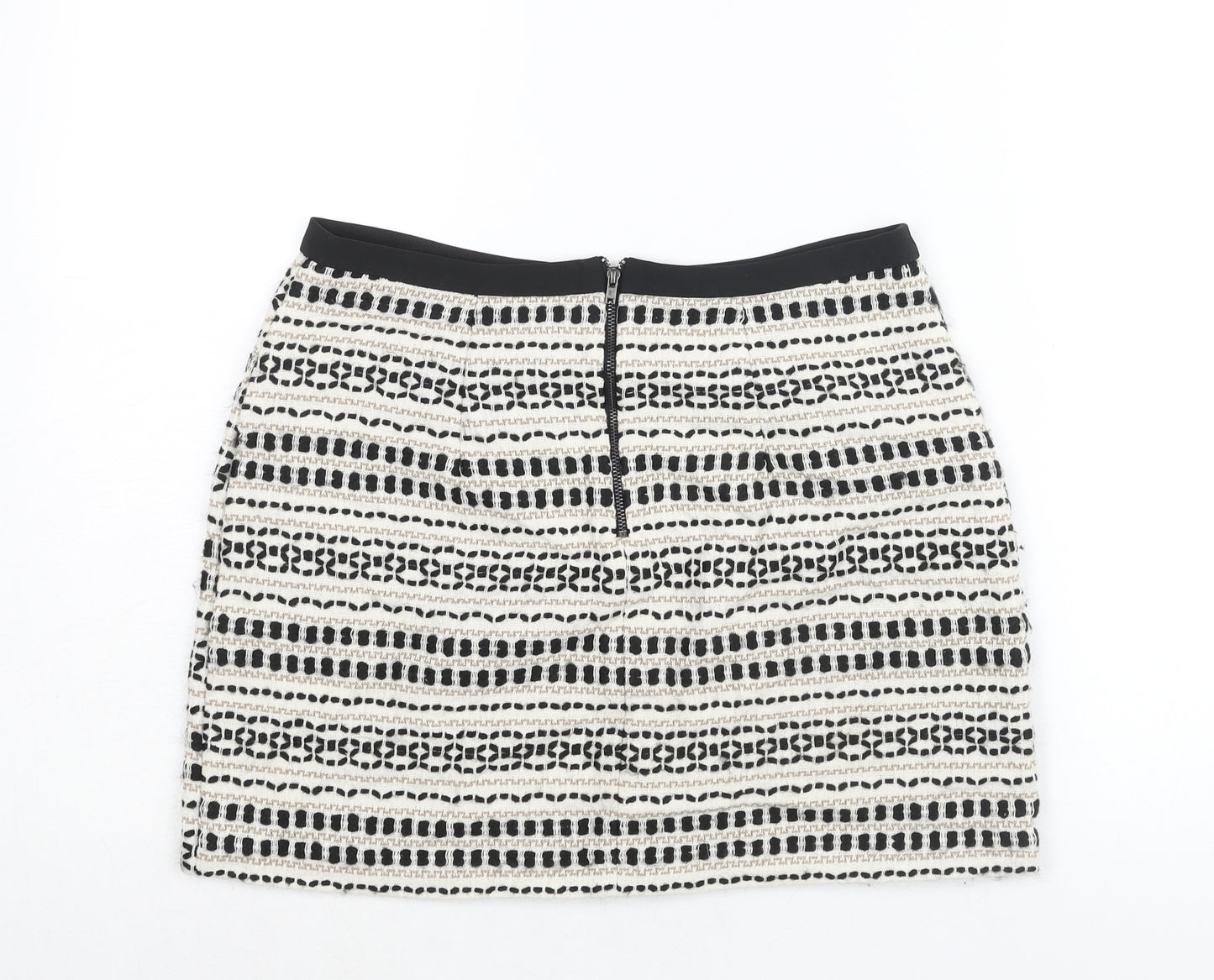 New Look Womens Ivory Geometric Cotton Mini Skirt Size 12 Zip - Woven