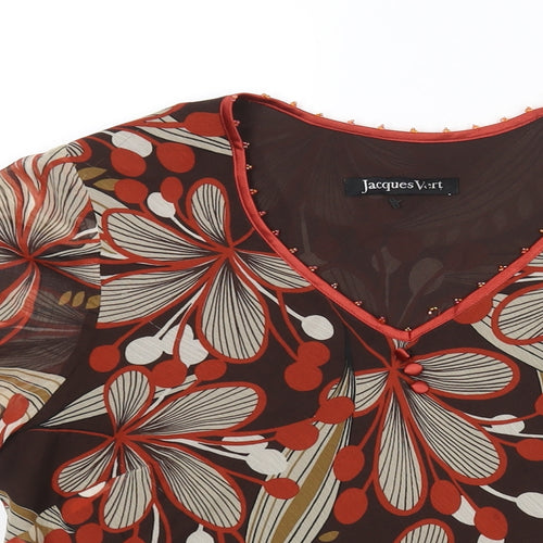 Jacques Vert Womens Brown Floral Polyester Basic Blouse Size 12 V-Neck - Beaded Button Detail