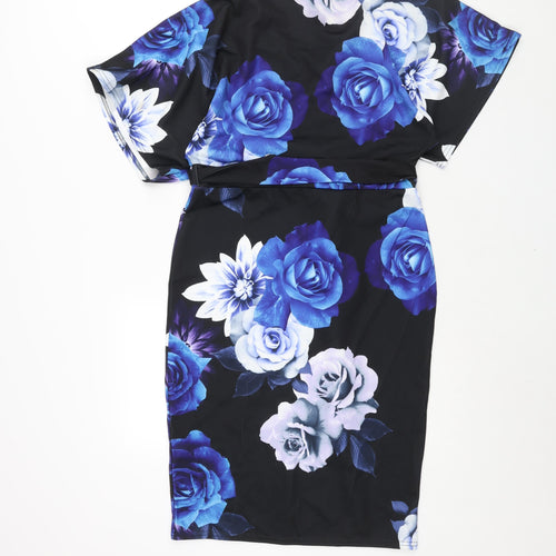 Quiz Womens Black Floral Polyester Shift Size 14 V-Neck Pullover - Belted