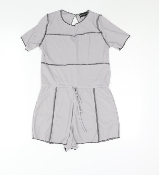 PRETTYLITTLETHING Womens Grey Polyester Playsuit One-Piece Size 6 Button - Waist Tie Exposed Seam