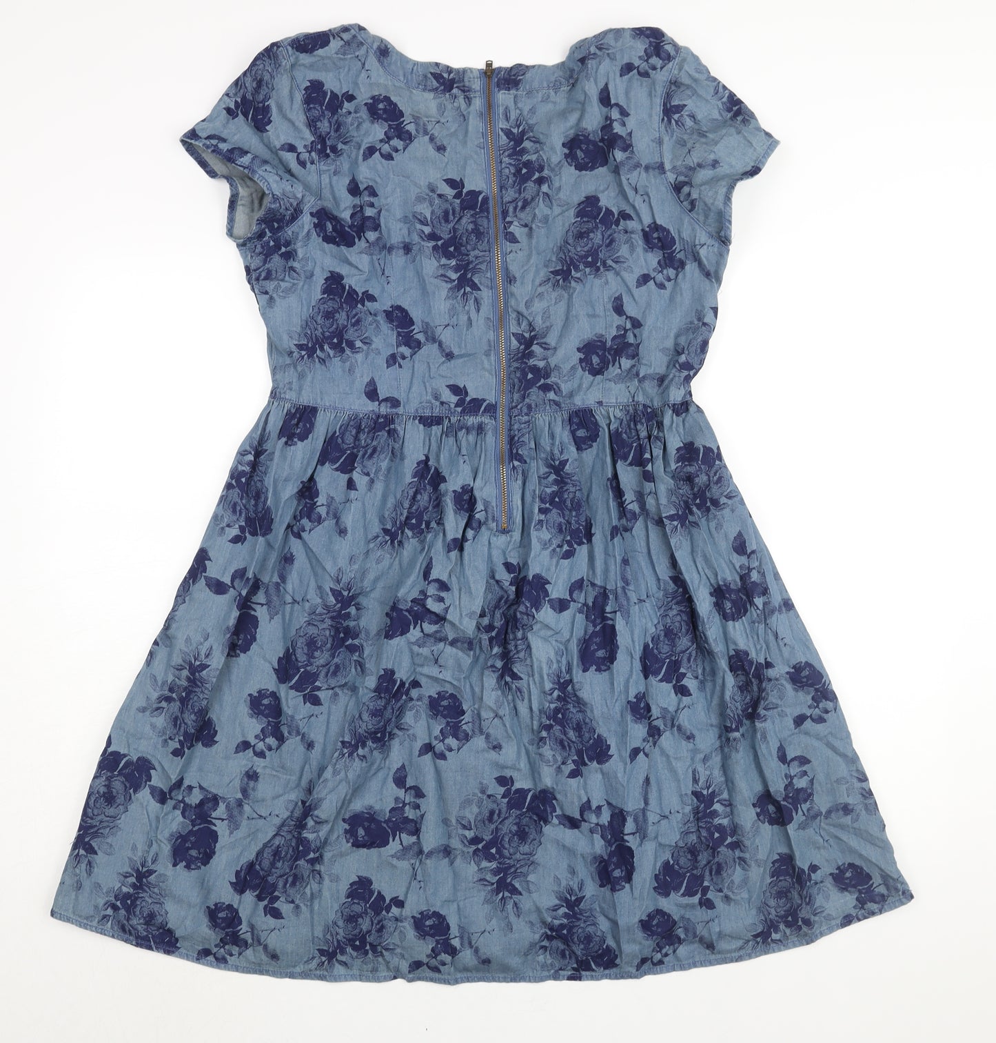 Dorothy Perkins Womens Blue Floral Cotton A-Line Size 14 Round Neck Zip