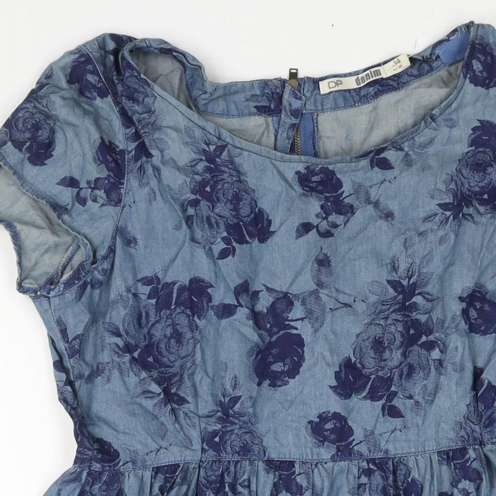 Dorothy Perkins Womens Blue Floral Cotton A-Line Size 14 Round Neck Zip