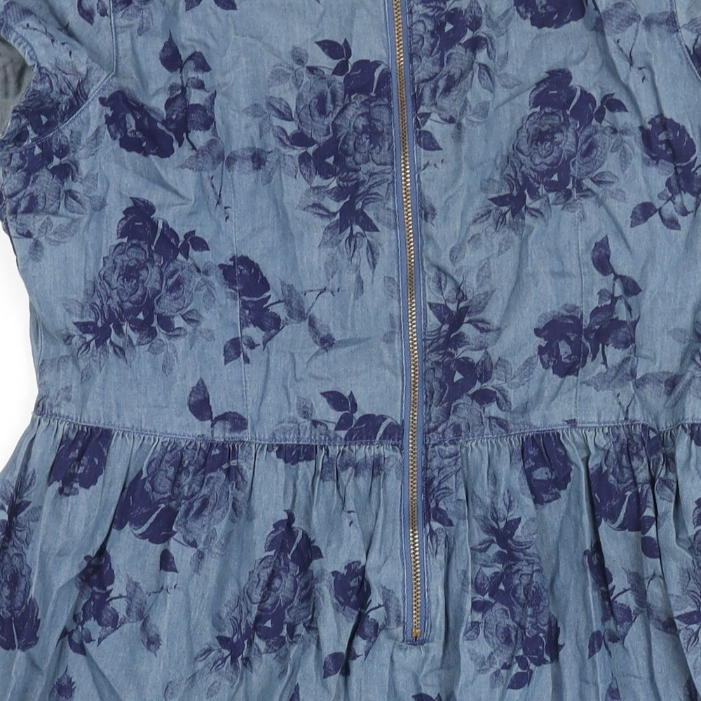 Dorothy Perkins Womens Blue Floral Cotton A-Line Size 14 Round Neck Zip