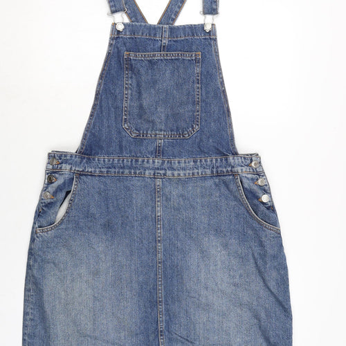 F&F Womens Blue Cotton Pinafore/Dungaree Dress Size 16 Square Neck Snap - Adjustable Straps - Raw Hem.