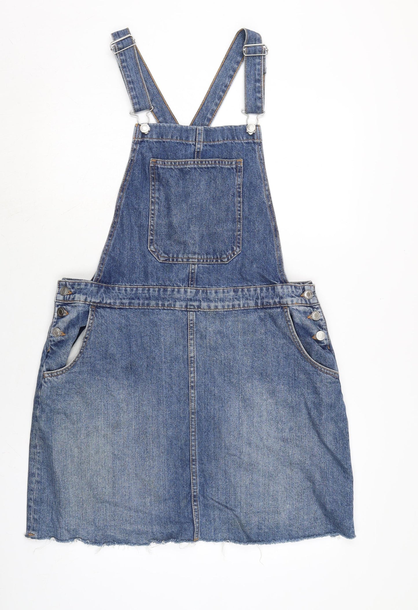 F&F Womens Blue Cotton Pinafore/Dungaree Dress Size 16 Square Neck Snap - Adjustable Straps - Raw Hem.