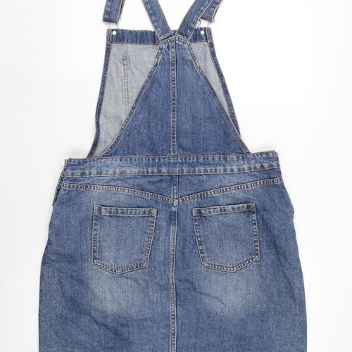 F&F Womens Blue Cotton Pinafore/Dungaree Dress Size 16 Square Neck Snap - Adjustable Straps - Raw Hem.