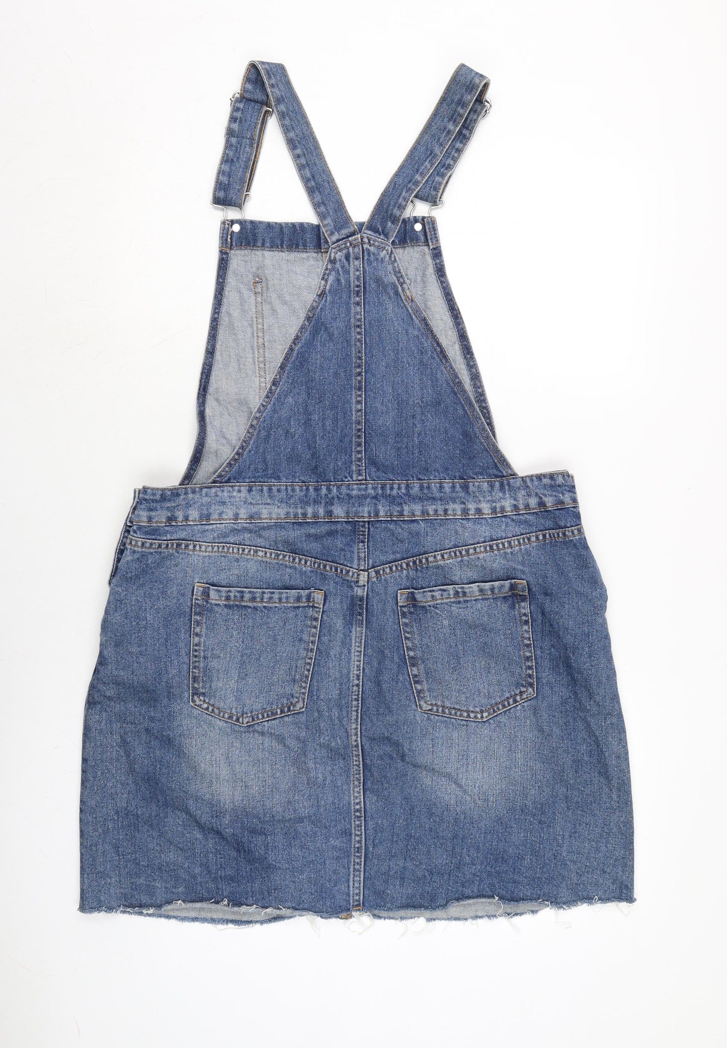 F&F Womens Blue Cotton Pinafore/Dungaree Dress Size 16 Square Neck Snap - Adjustable Straps - Raw Hem.