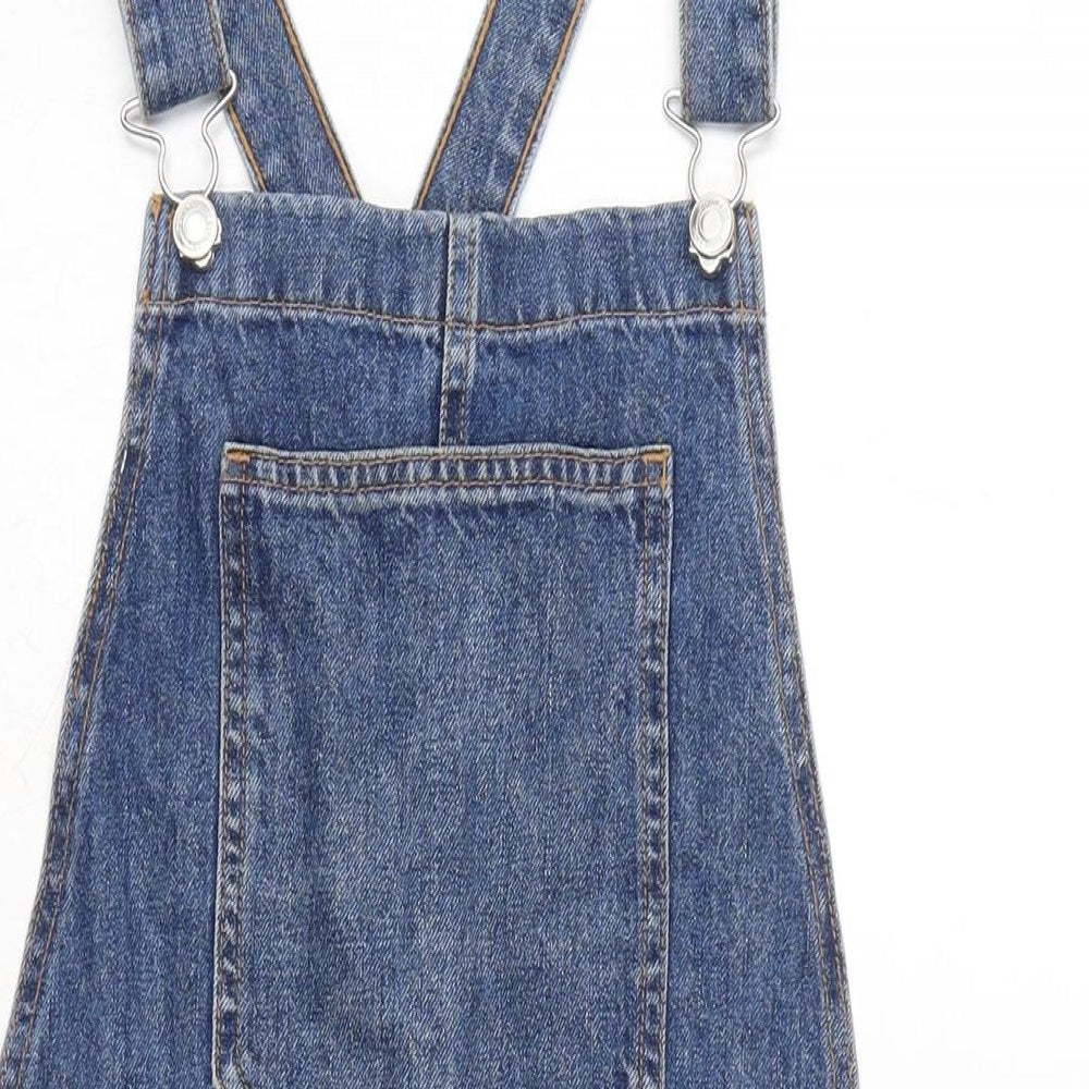 F&F Womens Blue Cotton Pinafore/Dungaree Dress Size 16 Square Neck Snap - Adjustable Straps - Raw Hem.