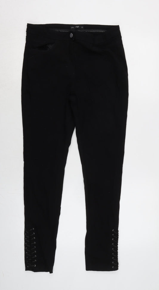 F&F Womens Black Cotton Blend Tapered Jeans Size 12 L28 in Regular Zip - Detail to bottom of legs.