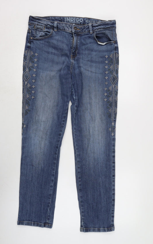 Marks and Spencer Womens Blue Cotton Blend Straight Jeans Size 12 L29 in Regular Zip - Detailed pattern to side.