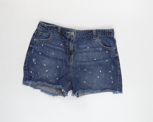 NEXT Girls Blue Cotton Cut-Off Shorts Size 12 Years Extra-Slim Zip - Pearl beading to front - Distressed.