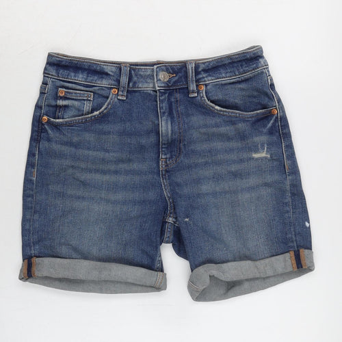 Marks and Spencer Womens Blue Cotton Boyfriend Shorts Size 8 Extra-Slim Zip - Distressed.